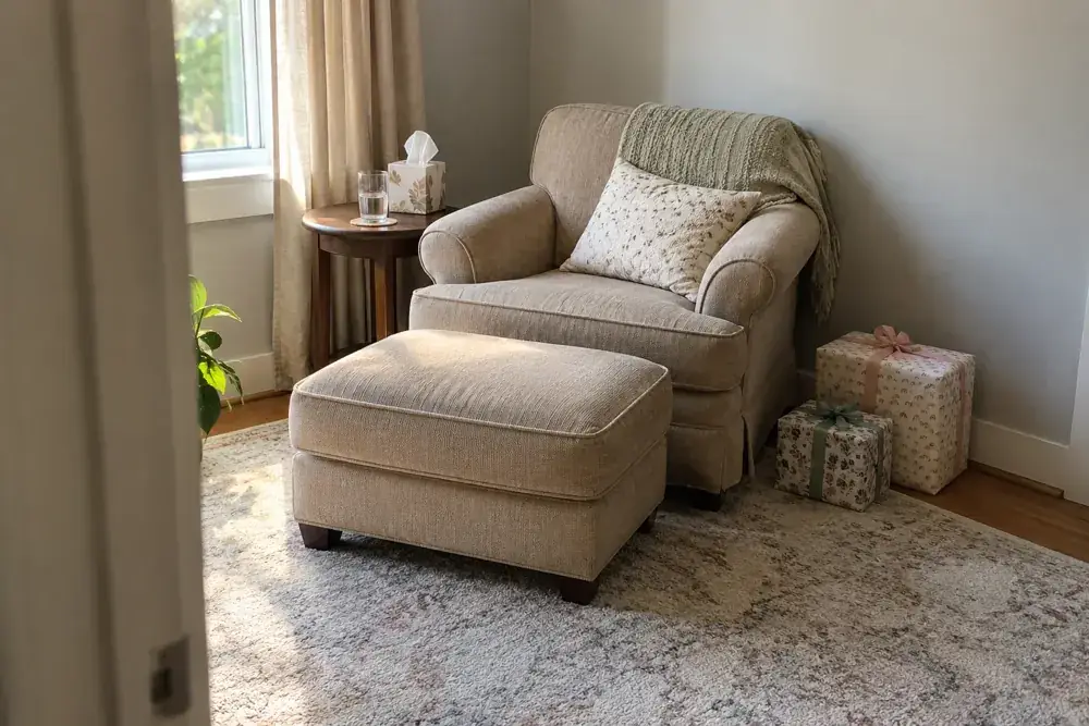 Sillón con reposapiés, agua y regalos en un rincón tranquilo.