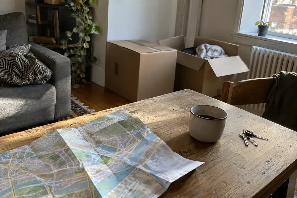 Mapa ilustrativo, taza y llaves junto a cajas de mudanza.