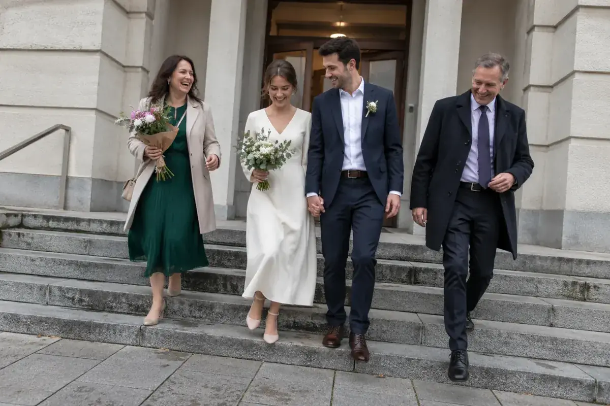 Imagen generada: Pareja recién casada y dos familiares bajando juntos una escalinata.