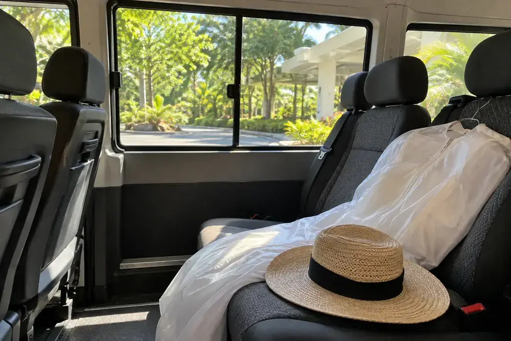Imagen generada: Ropa para la celebración y sombrero en el asiento de un vehículo.