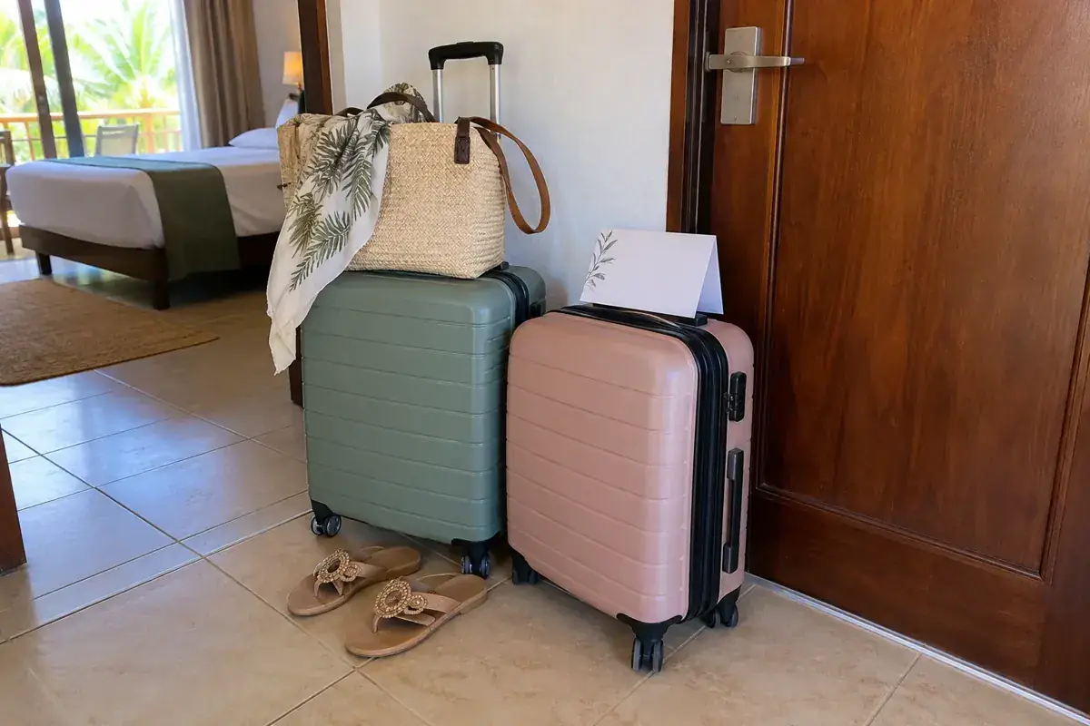 Imagen generada: Dos maletas y un bolso preparados junto a la puerta de una habitación.