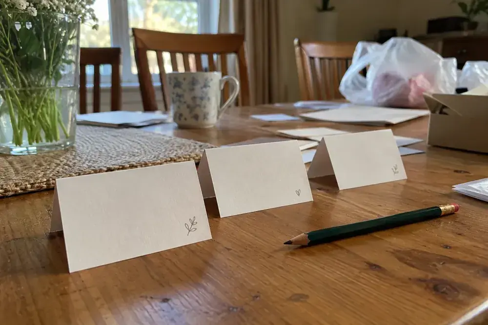 Imagen generada: Tarjetas de mesa dobladas y un lápiz sobre una mesa de comedor durante los preparativos.