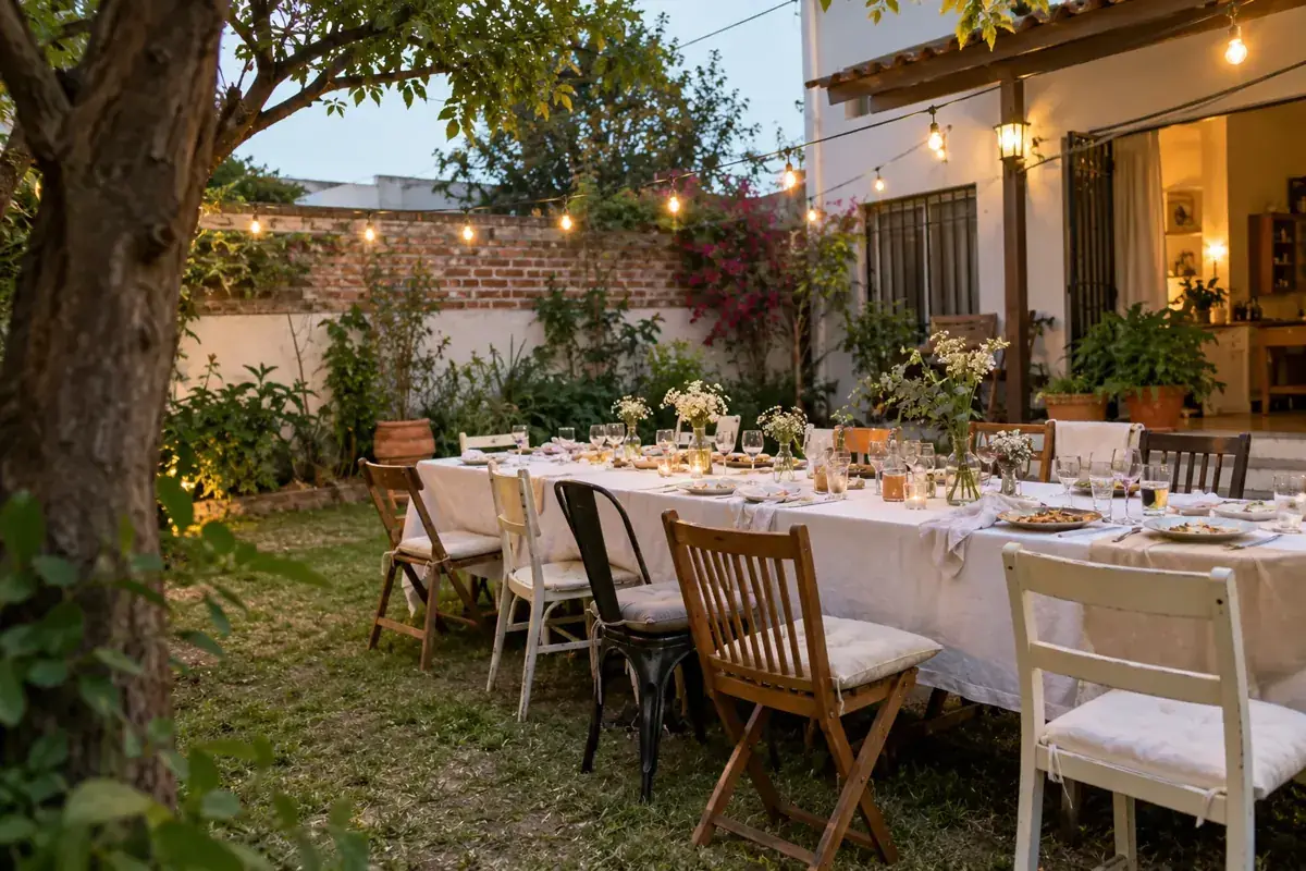 Imagen generada: Mesa de una boda pequeña en un jardín familiar, con sillas distintas y luces encendidas.