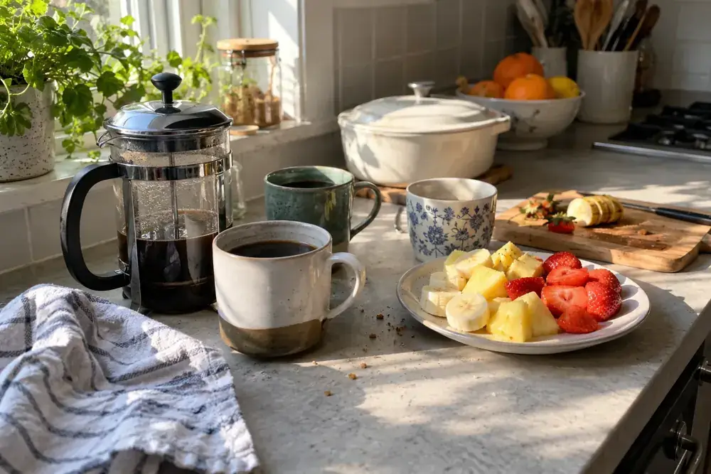 Prensa de café, tazas, fruta y una fuente tapada en la cocina.