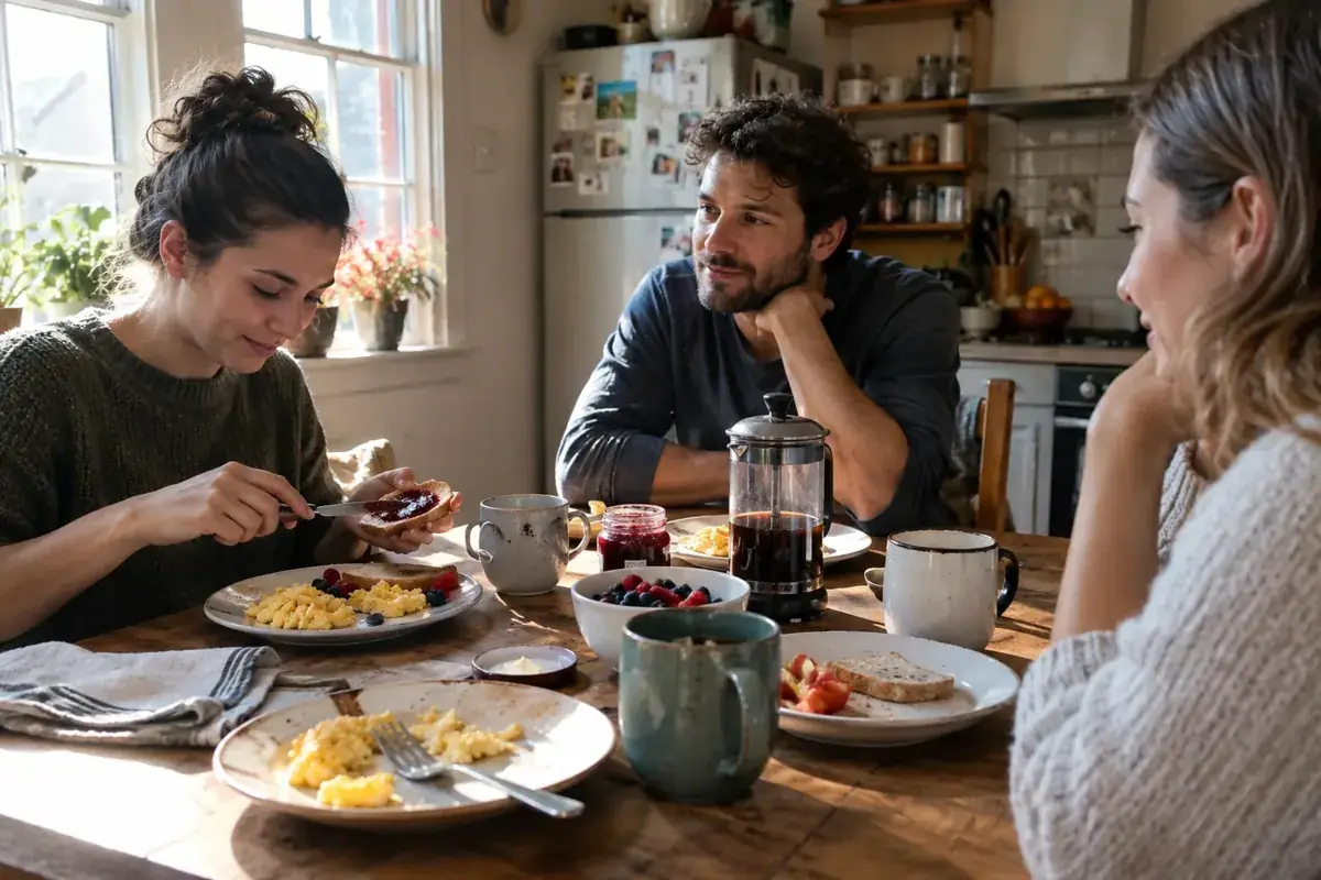 Tres amistades comparten café, fruta y tostadas durante un brunch en casa.