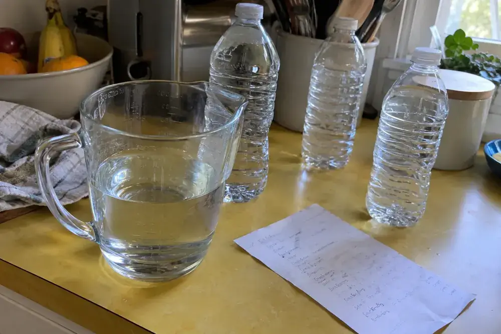 Jarra medidora, botellas de agua y lista de compras sobre una encimera.