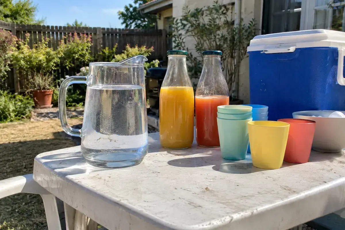 Jarra de agua, hielera y vasos reutilizables en una mesa de patio.