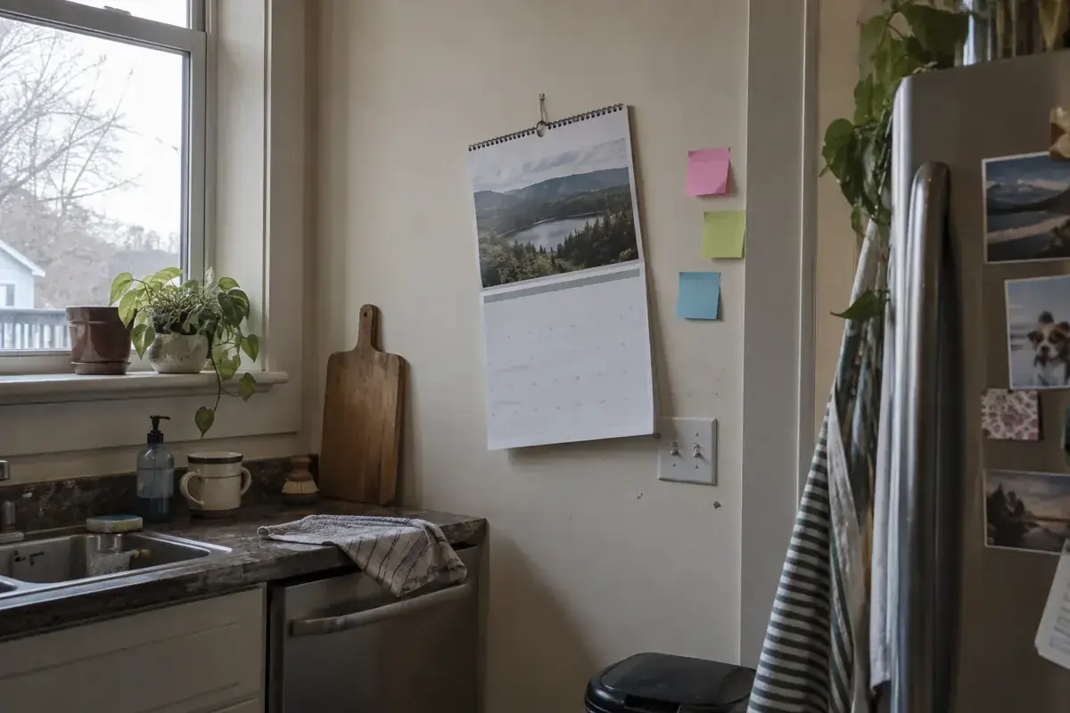 Calendario y notas adhesivas en la pared de una cocina cotidiana.