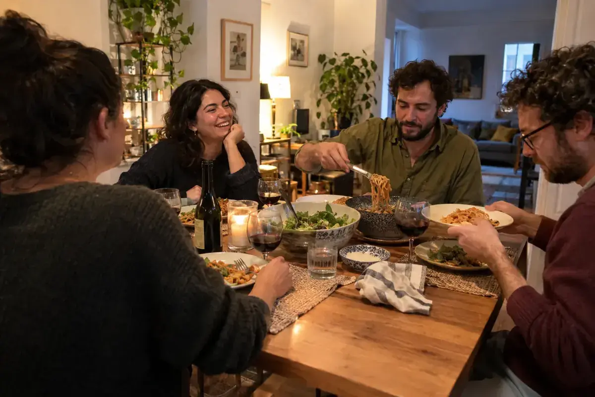 Cuatro amistades conversan y se sirven una cena en un departamento.