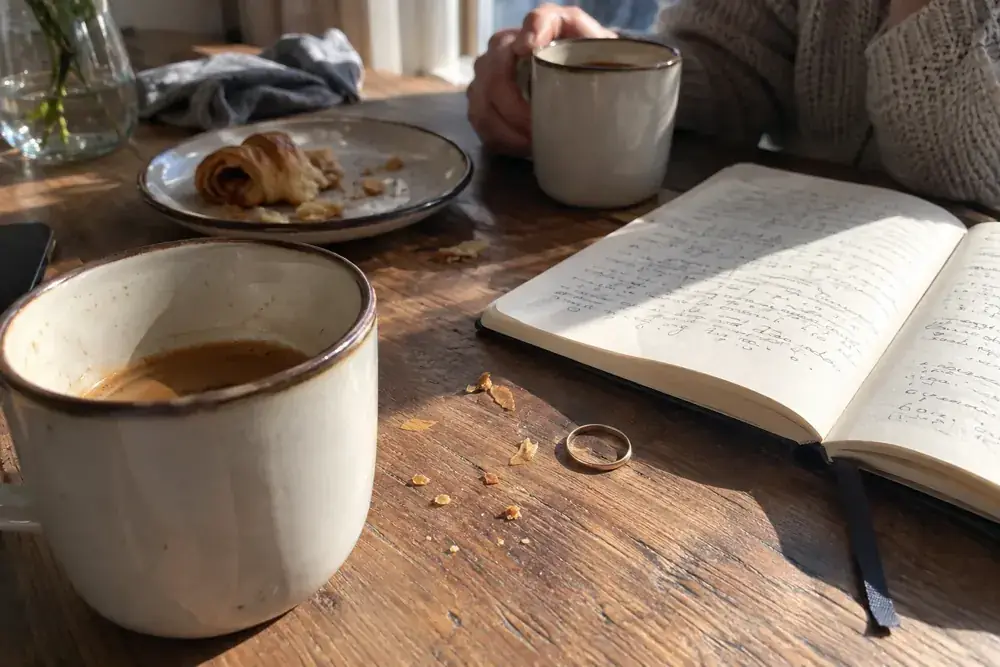 Imagen generada: Dos tazas de café, un cuaderno y un anillo sencillo sobre una mesa usada.