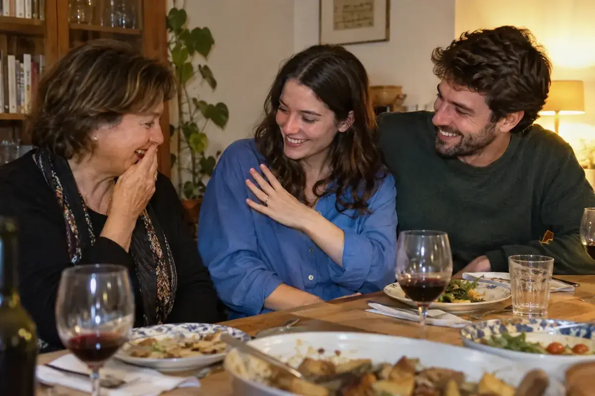Imagen generada: Una mujer muestra su anillo de compromiso a una familiar durante una cena, junto a su pareja.
