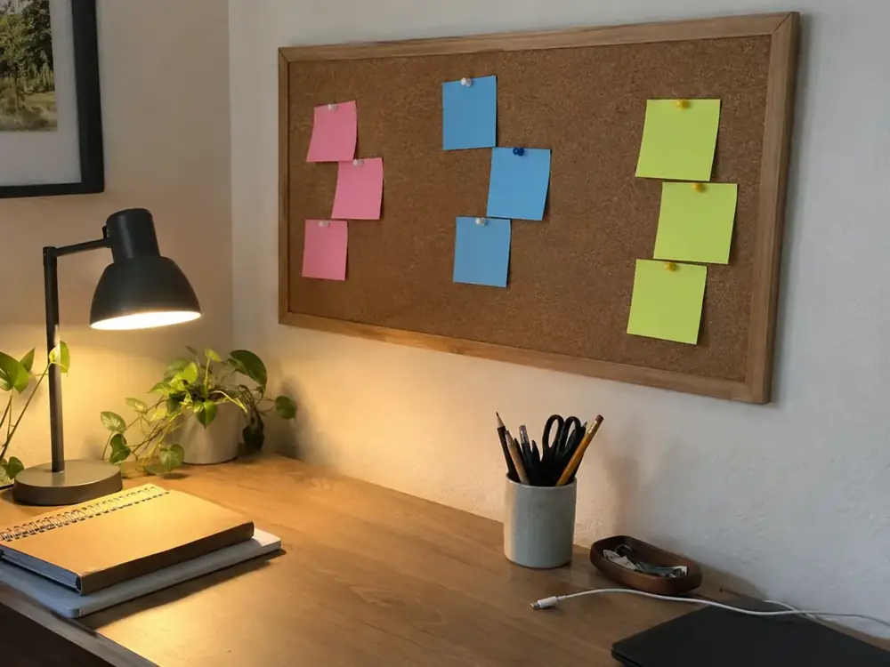 Imagen generada: Notas de colores sin datos sobre un tablero junto a una mesa de trabajo.