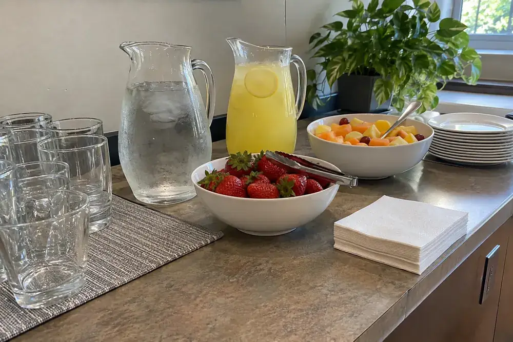 Agua, limonada, fruta y vajilla disponibles para una comida de equipo.