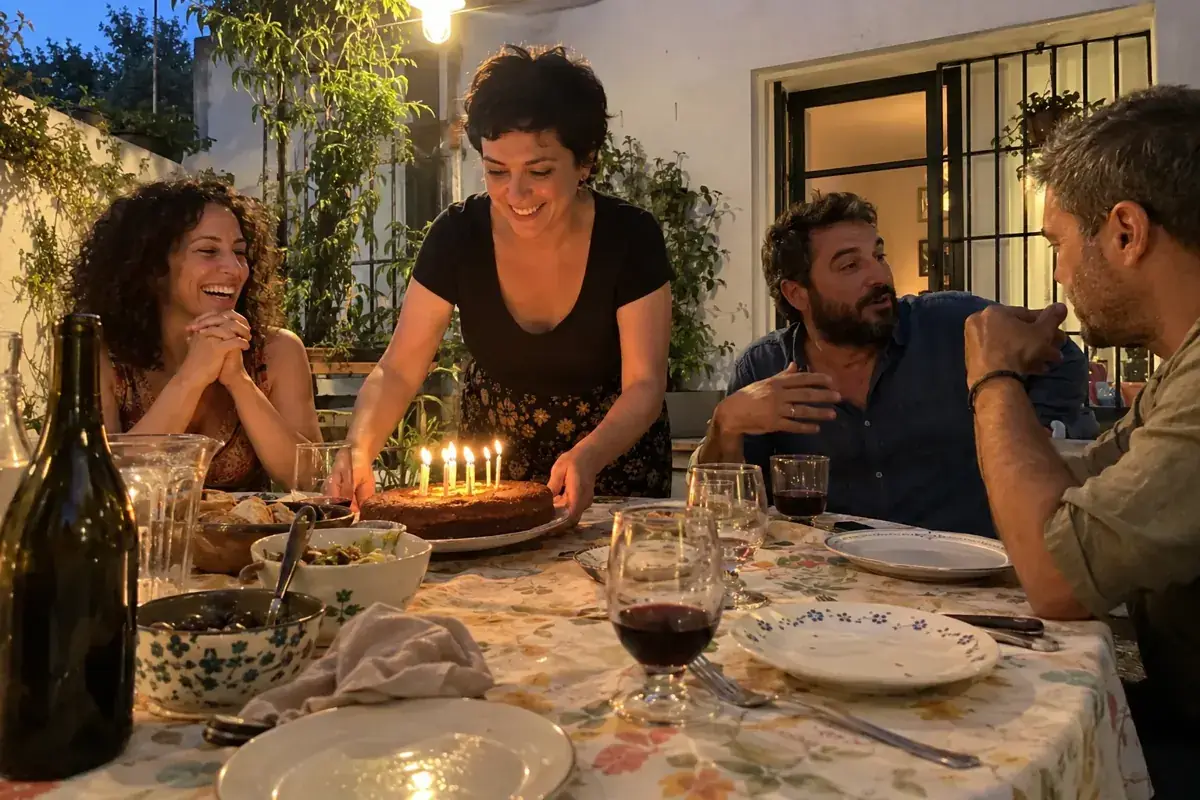 Amistades comparten un cumpleaños en un patio mientras una anfitriona coloca el pastel.