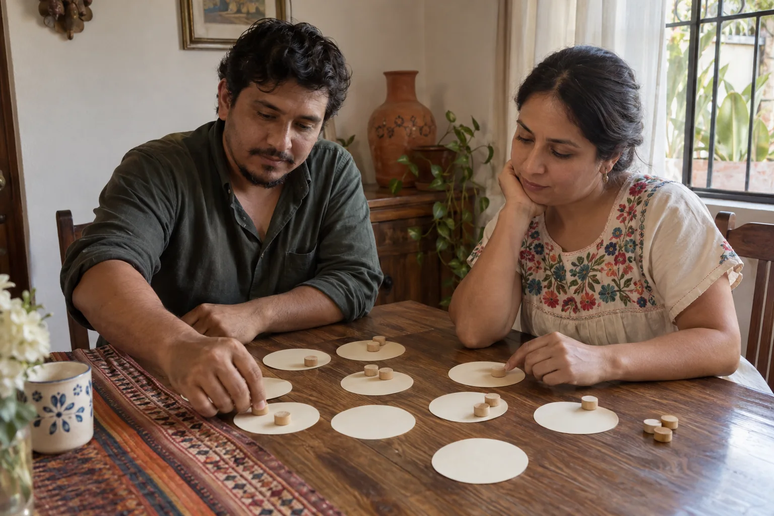 Pareja sentada en una mesa de casa preparando grupos con círculos de papel y fichas de madera.