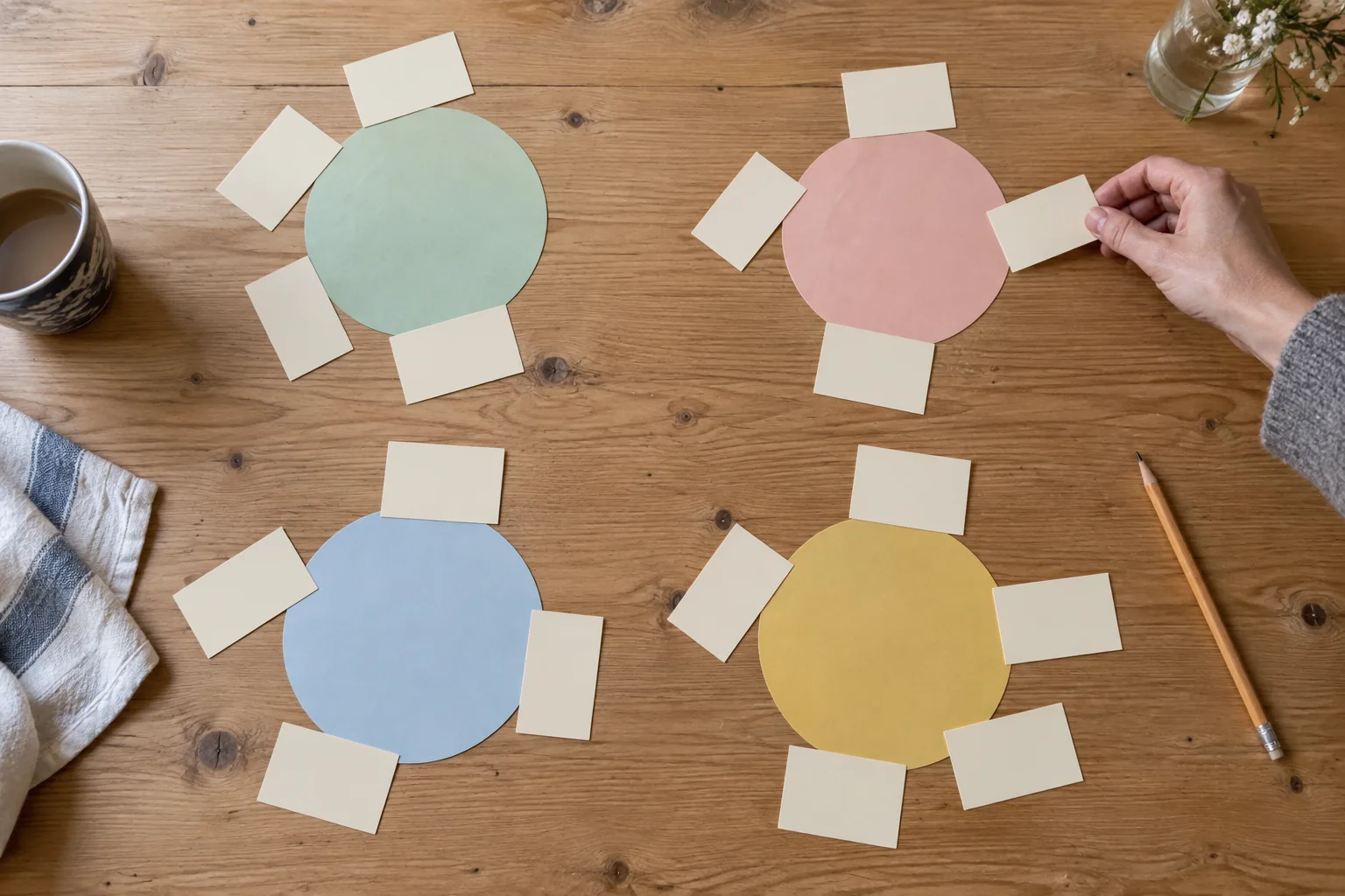 Tarjetas sin nombres agrupadas alrededor de círculos de papel sobre una mesa.