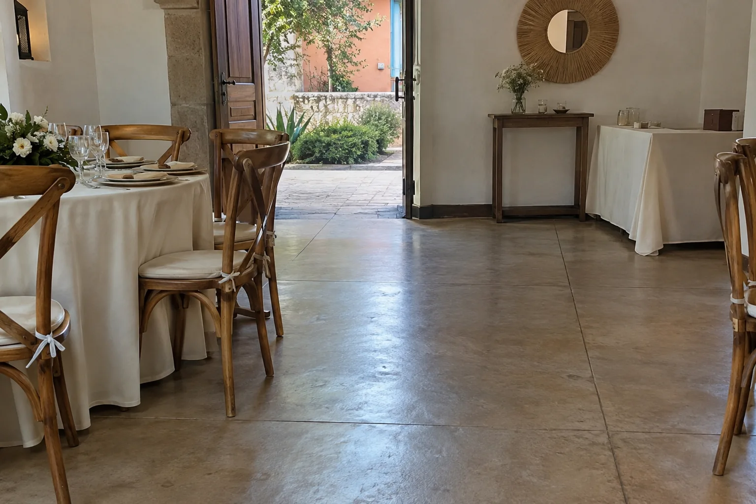 Paso despejado entre una mesa con sillas y una puerta del salón.