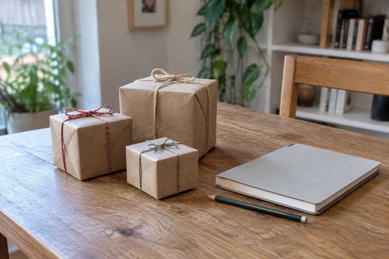 Tres cajas envueltas en papel, un cuaderno cerrado y un lápiz sobre una mesa