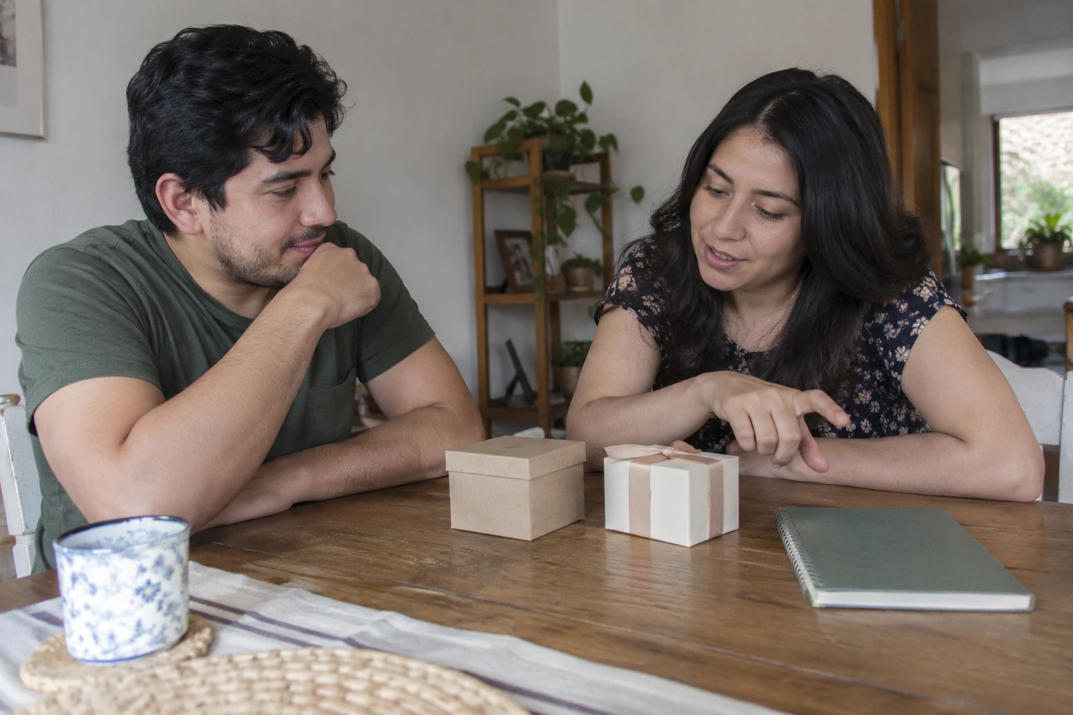 Pareja junto a dos cajas de regalo y un cuaderno verde cerrado en una mesa de casa