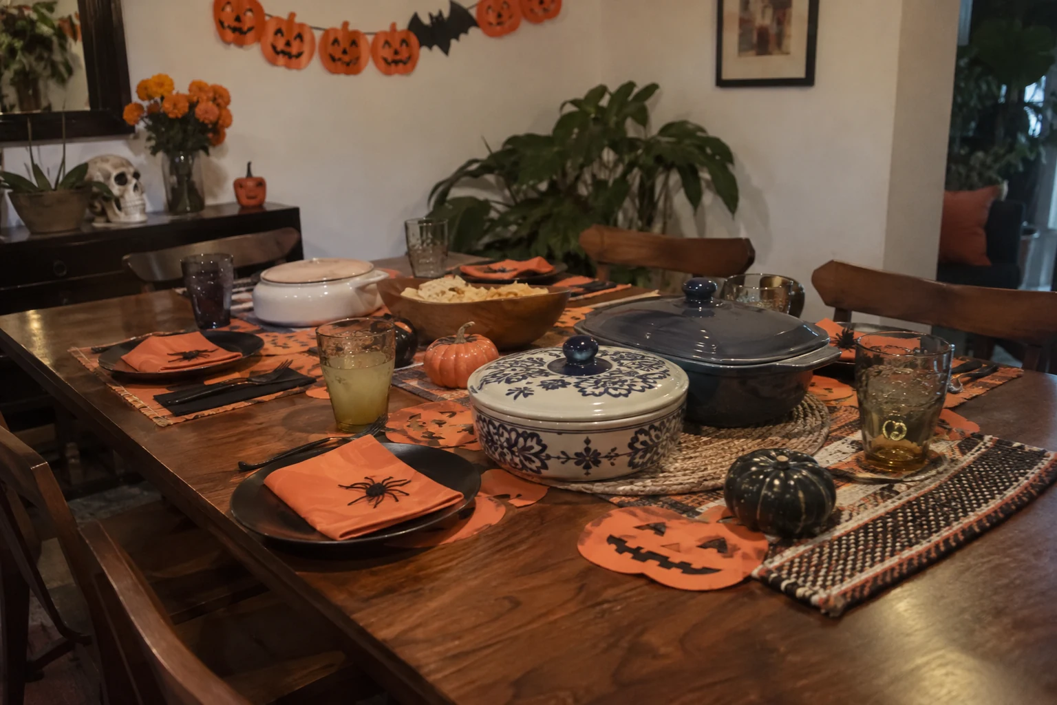 Mesa preparada con platos, recipientes y adornos de papel naranjas.