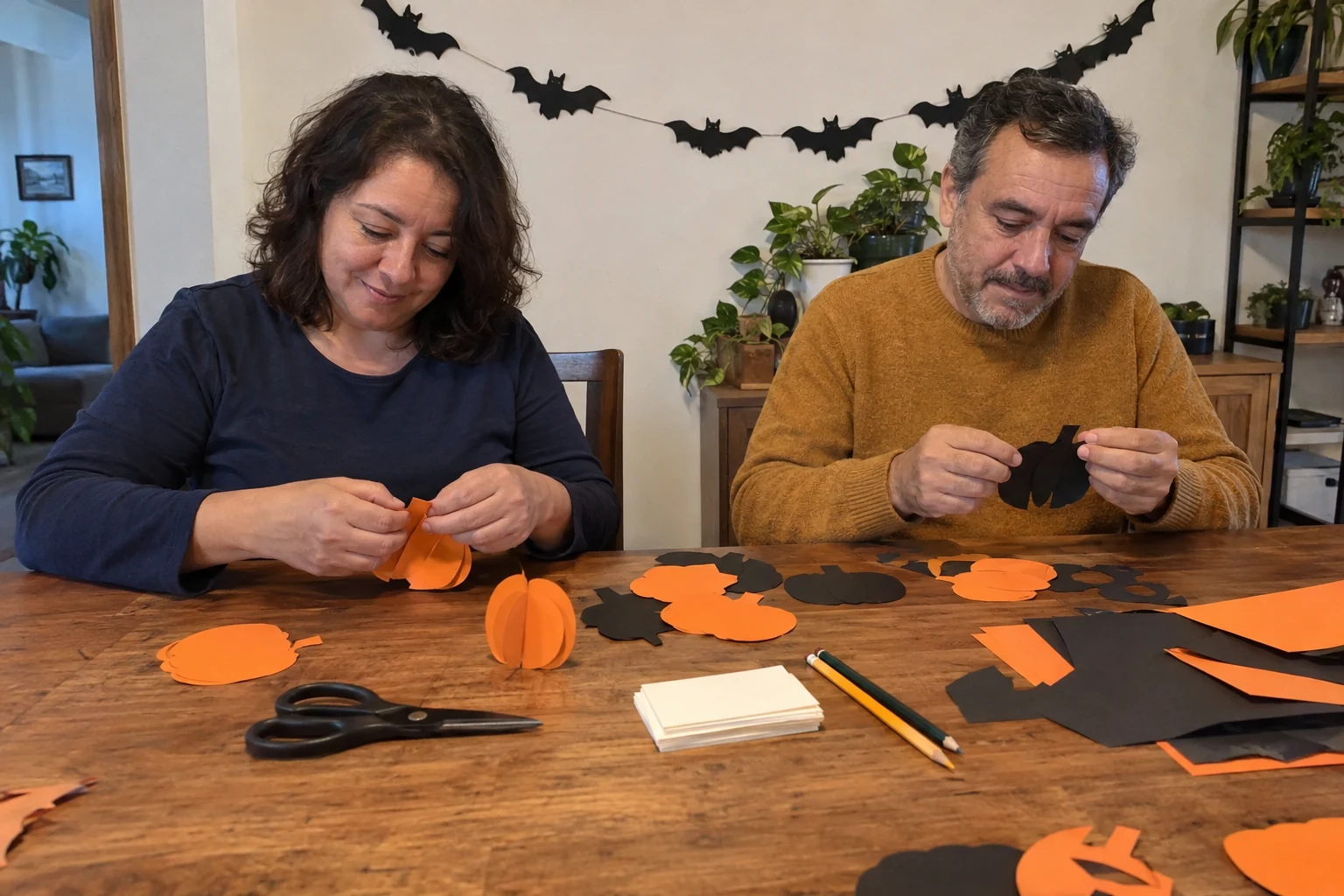 Dos personas preparan figuras de papel y tarjetas para Halloween.