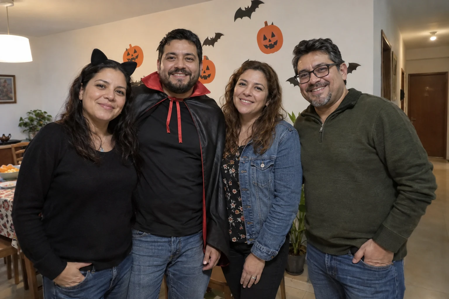 Cuatro personas adultas con detalles de disfraces y decoración de papel en una sala iluminada.
