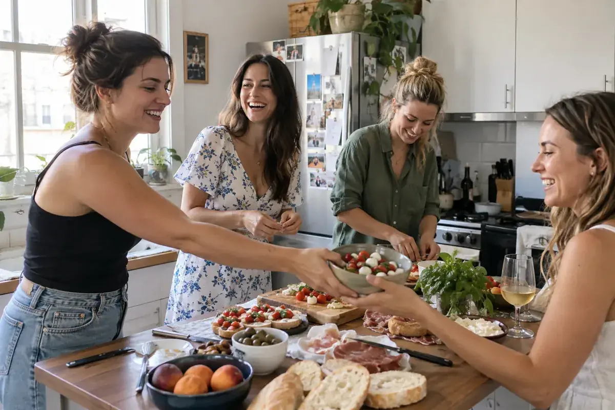 Imagen generada: Amigas adultas compartiendo comida y preparando una reunión en una cocina.