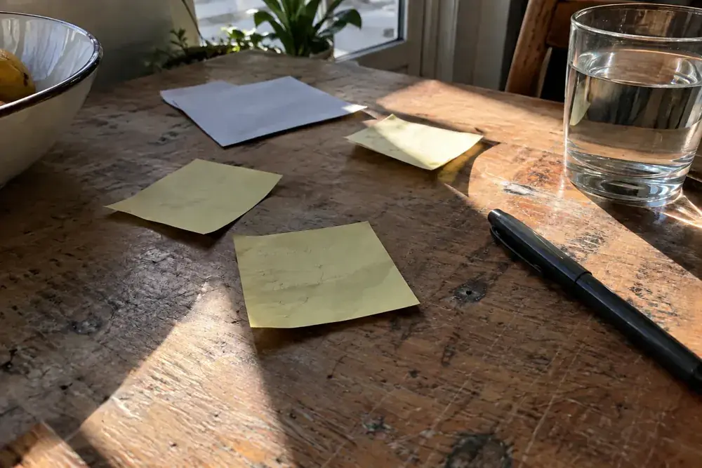 Notas adhesivas, bolígrafo y papel de recibo sobre un escritorio usado.