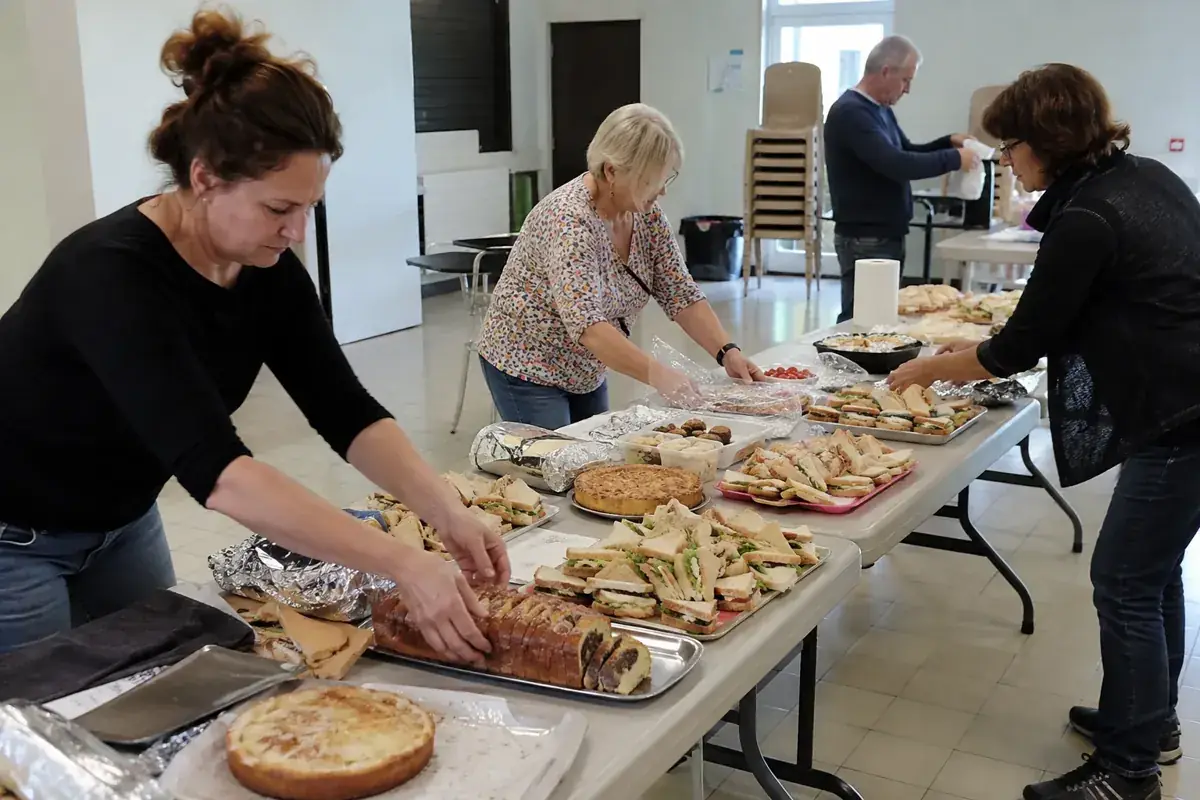 Imagen generada: Personas voluntarias preparan sándwiches y pasteles sobre mesas plegables.