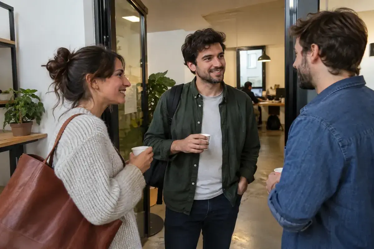 Imagen generada: Tres adultos conversan con café junto a la entrada de un espacio de trabajo.