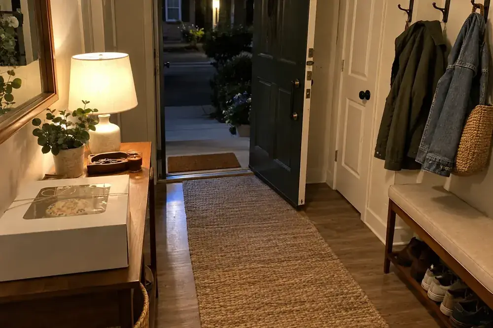 Entrada despejada con abrigos colgados y una caja de pastel en una mesa lateral.