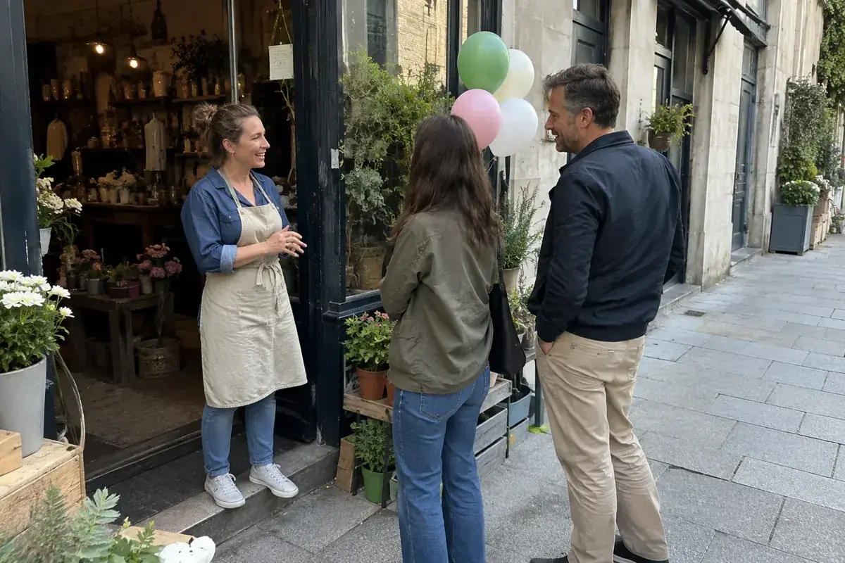 Imagen generada: Una comerciante recibe a dos visitantes en la entrada de su tienda con algunos globos.