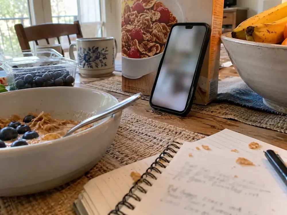 Imagen generada: Teléfono, cuaderno y desayuno sobre una mesa de casa.