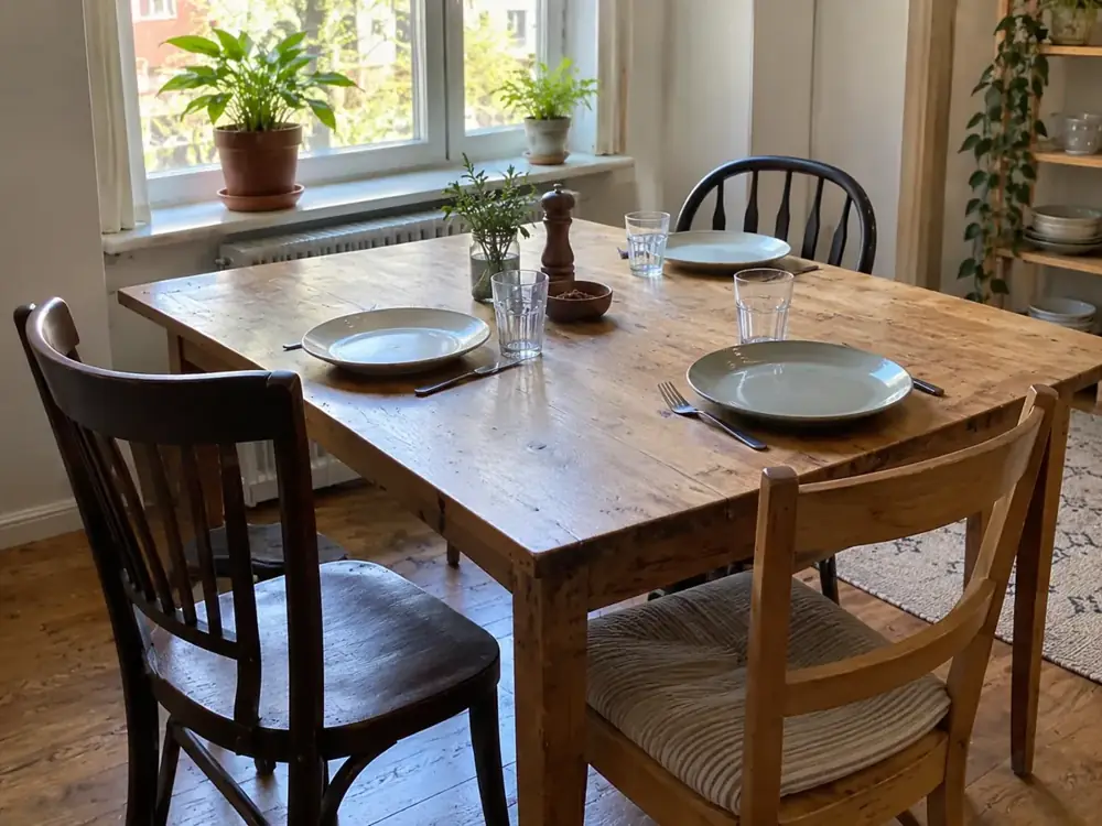Imagen generada: Mesa doméstica con cuatro platos y sillas antes de una comida.