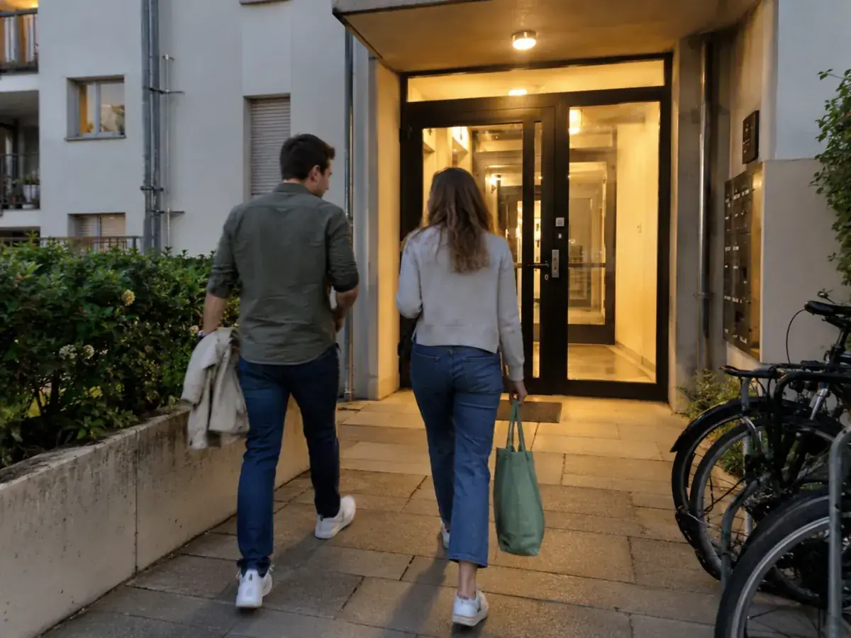 Imagen generada: Dos adultos llegan juntos a la entrada de un edificio.