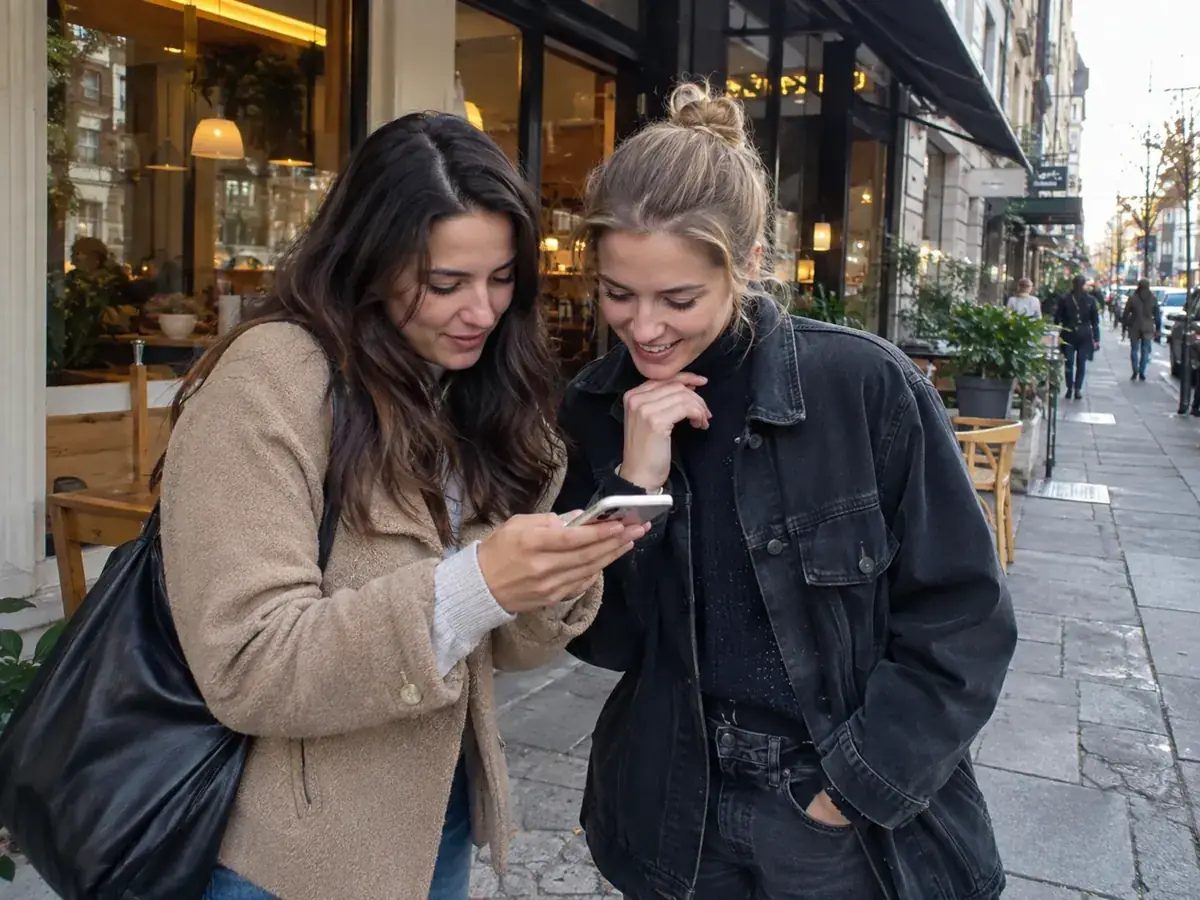 Imagen generada: Dos mujeres consultan juntas un teléfono en una calle.