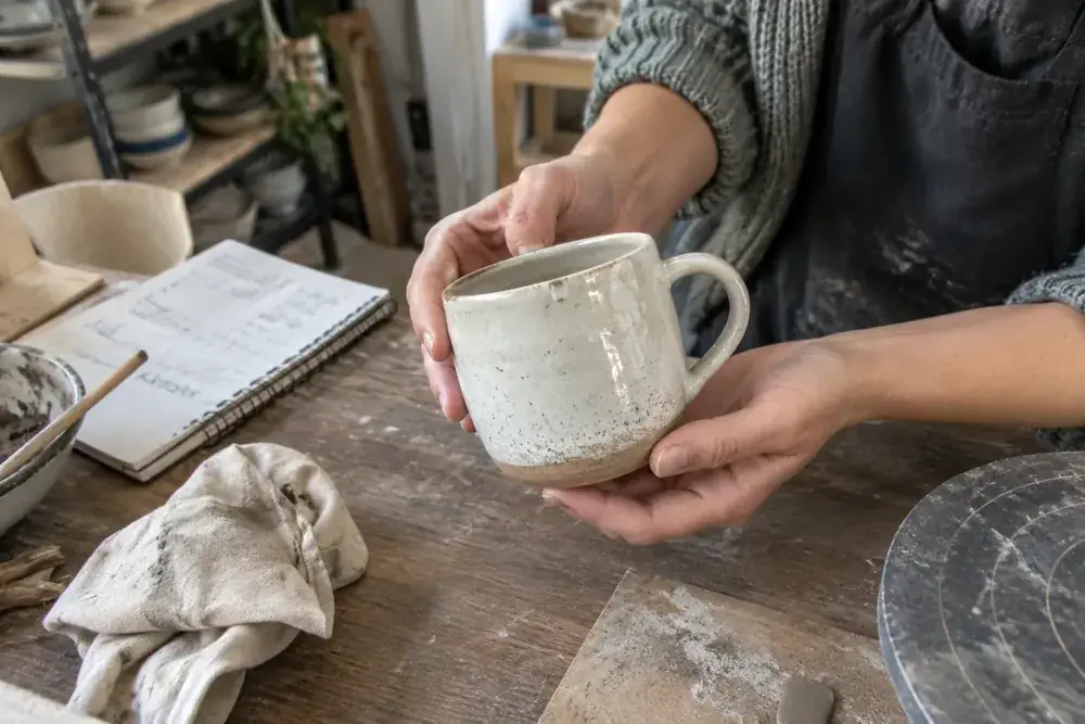 Imagen generada: Manos sosteniendo una taza de cerámica junto a un cuaderno y un paño en el taller.