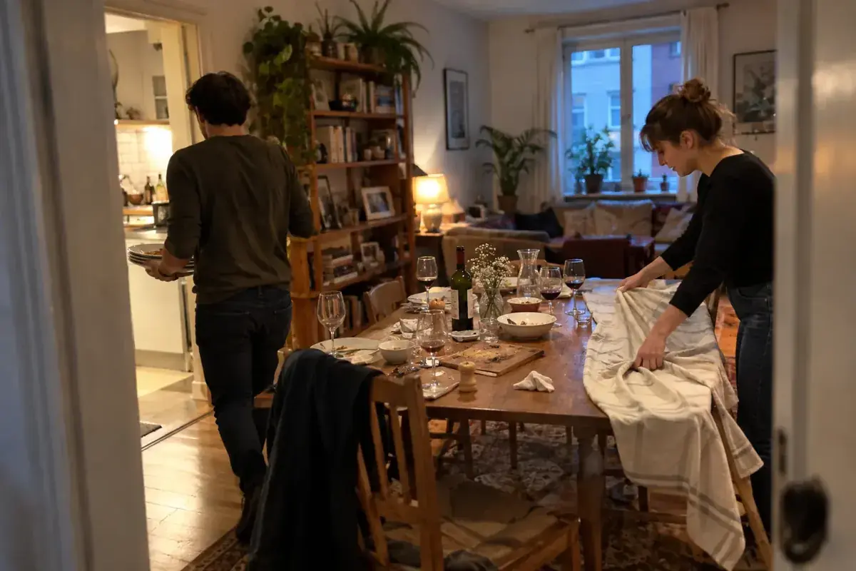 Dos personas recogen platos y un mantel después de una reunión en casa.