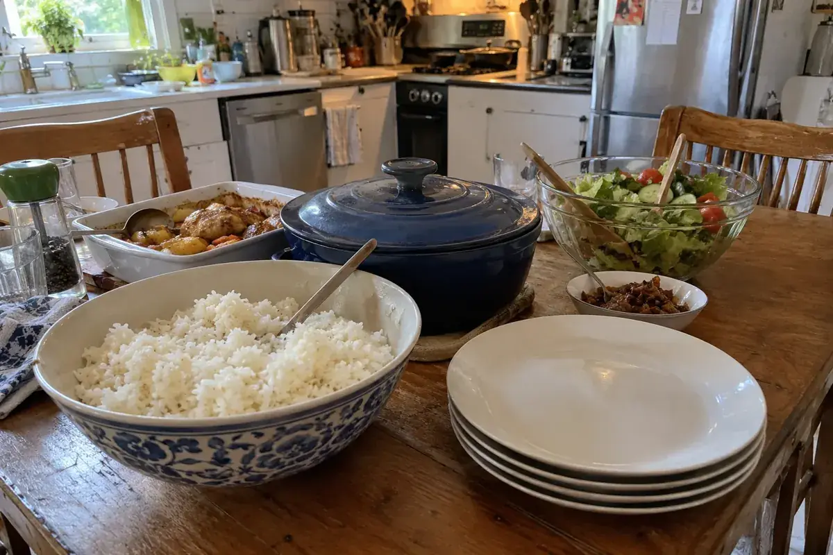 Comida casera y platos organizados sobre una mesa para servir un buffet.