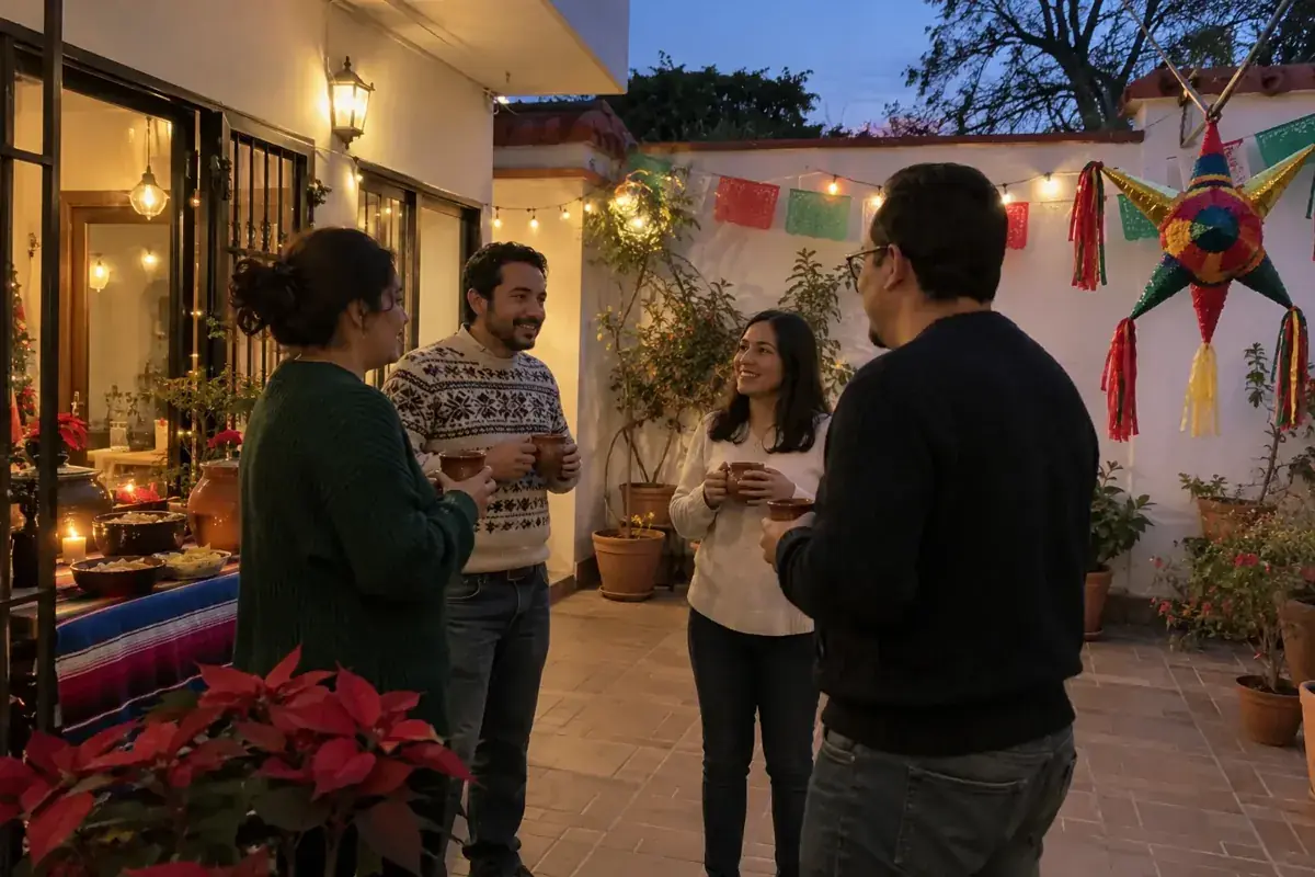 Invitados conversan con tazas de ponche en un patio decorado para una posada.