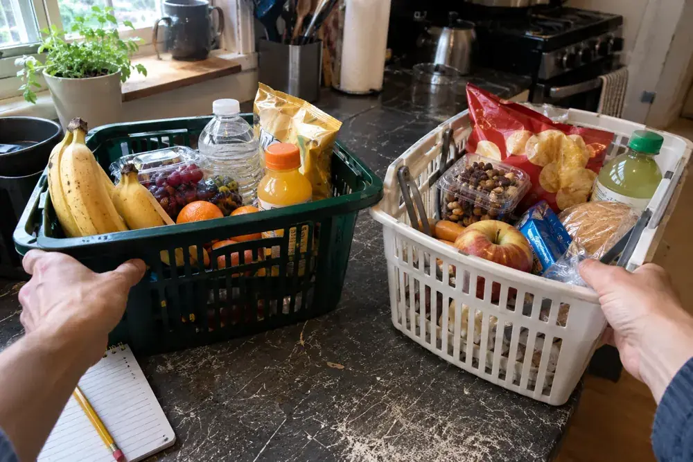 Una persona compara dos canastas de compras sobre una encimera.