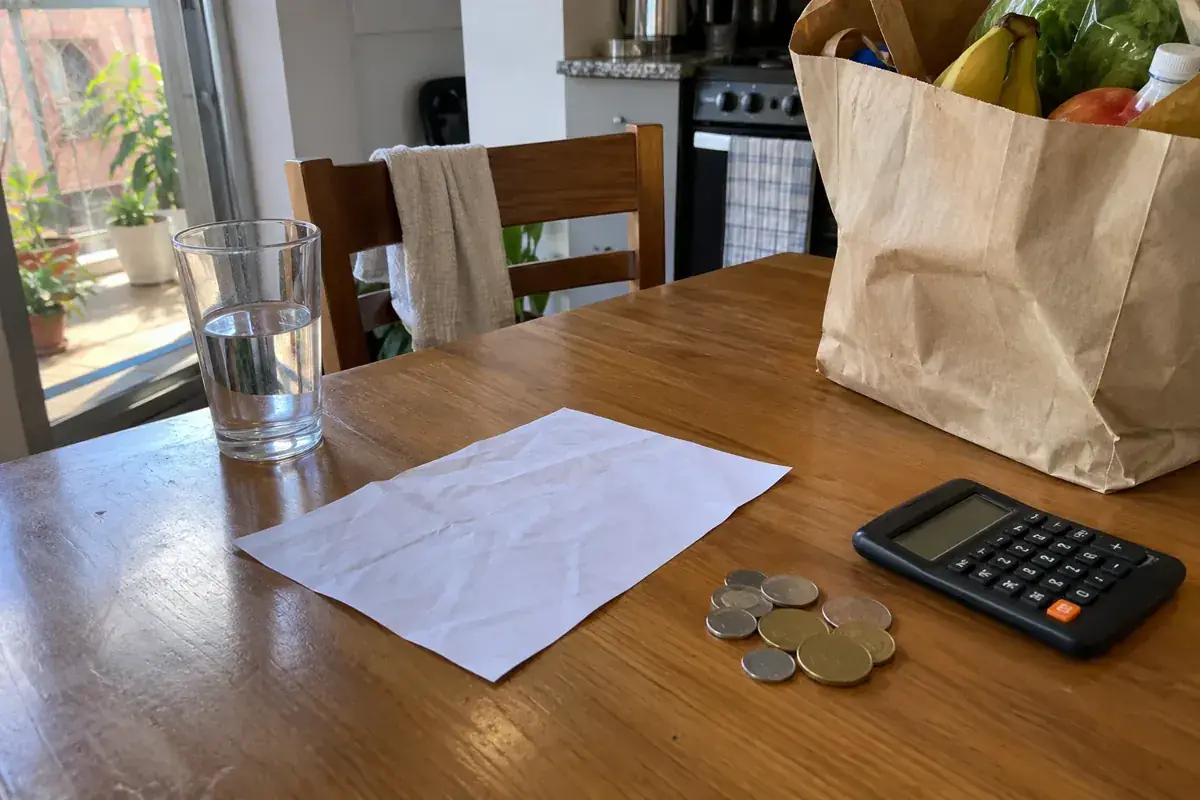 Calculadora, monedas y papel sobre una mesa de cocina junto a una bolsa de compras.