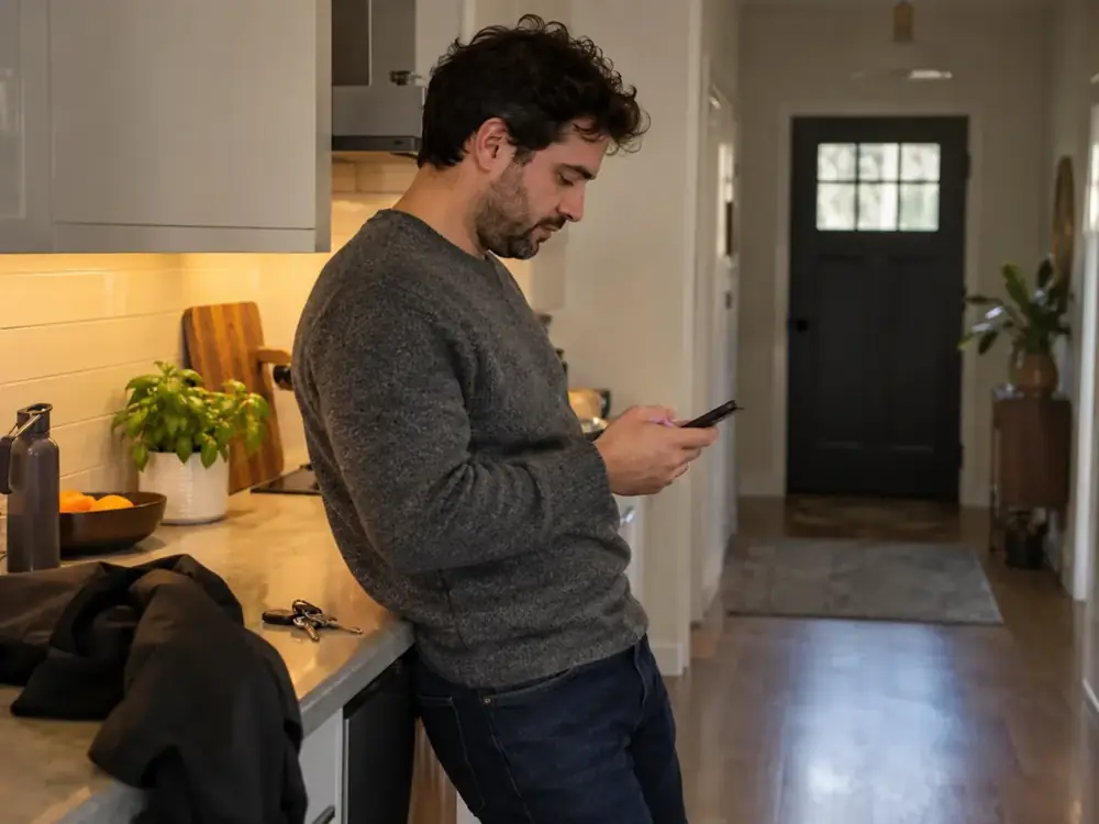 Imagen generada: Un hombre revisa su teléfono de pie en una cocina.