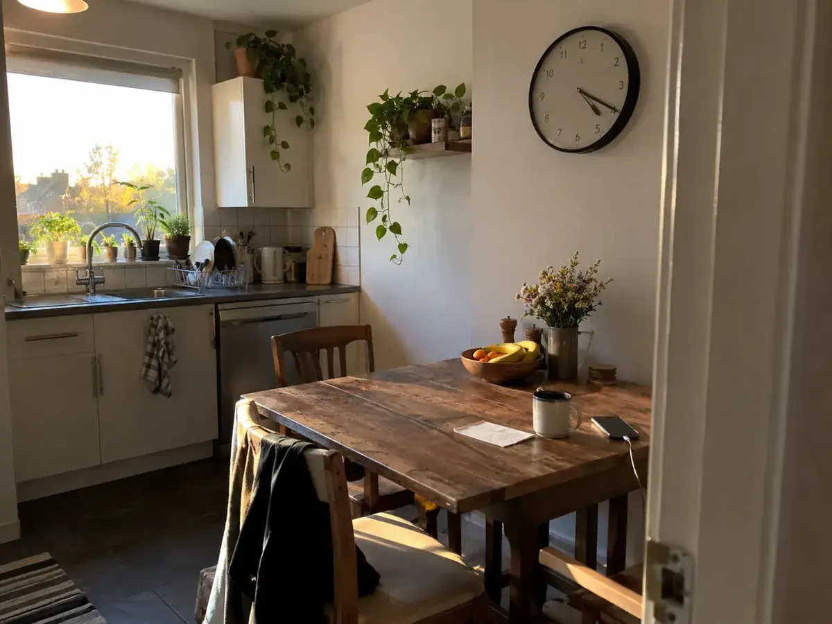 Imagen generada: Mesa de comedor y cocina de casa iluminadas por la ventana.