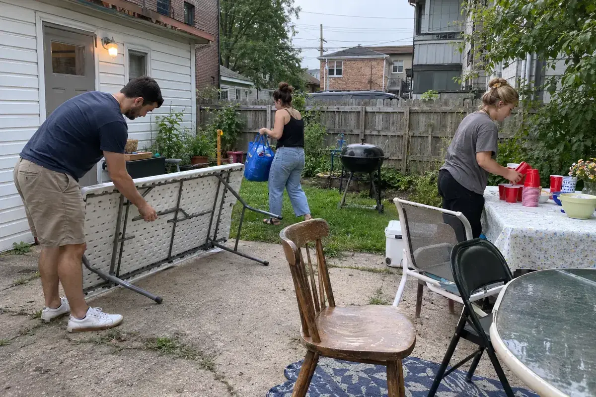 Tres personas preparan mesas y materiales para una reunión en un patio.