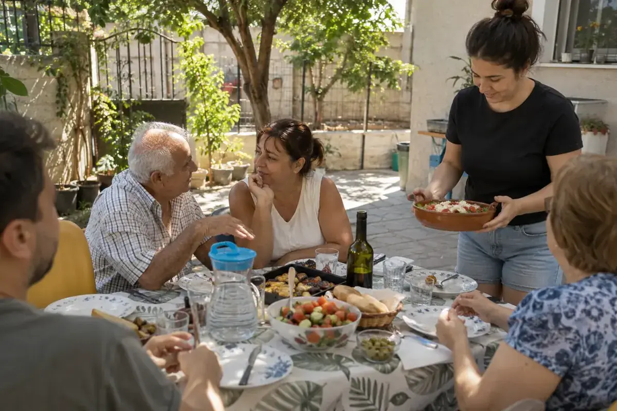 Varias generaciones conversan mientras una familiar lleva comida a la mesa del patio.